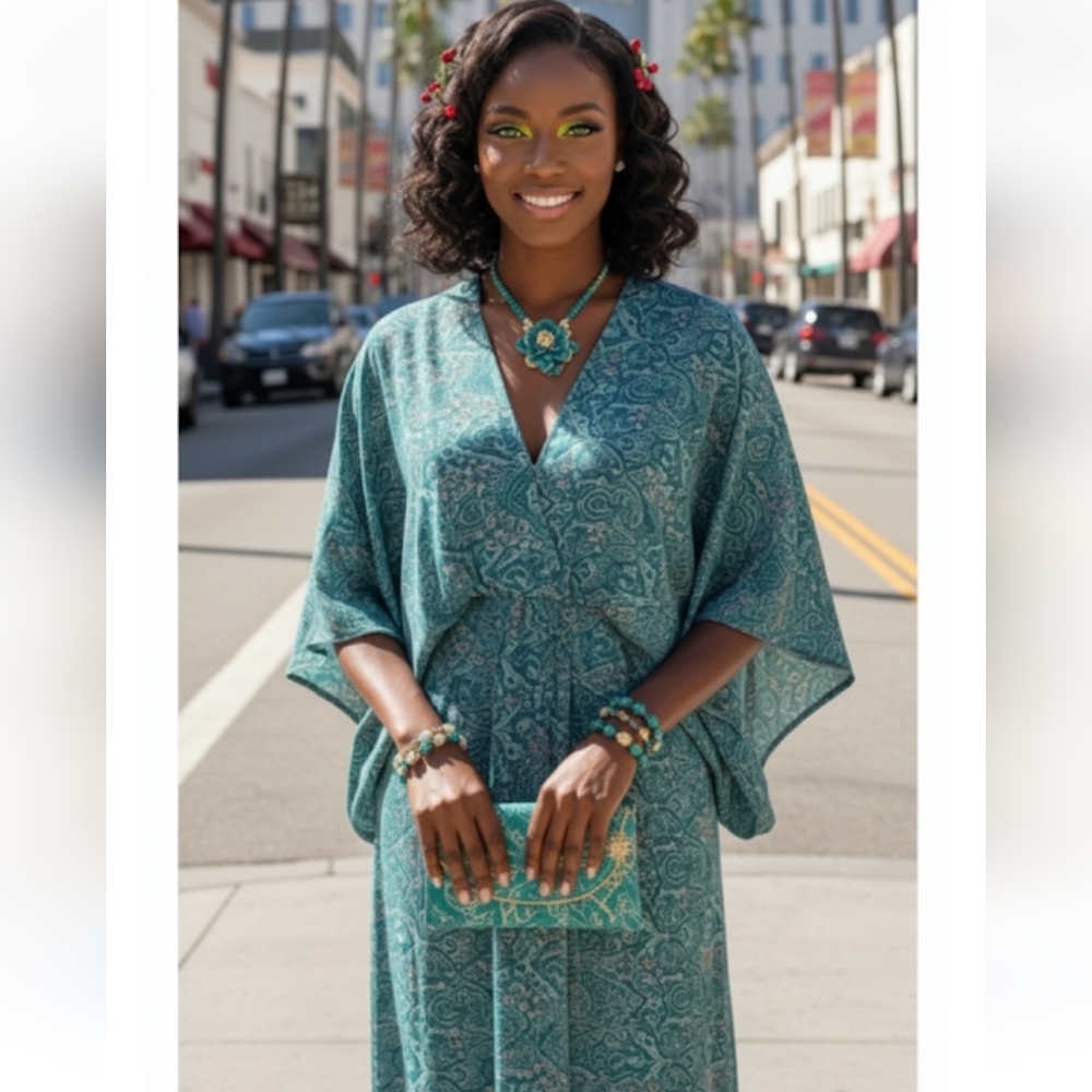 Elegant Teal Patterned Maxi Dress